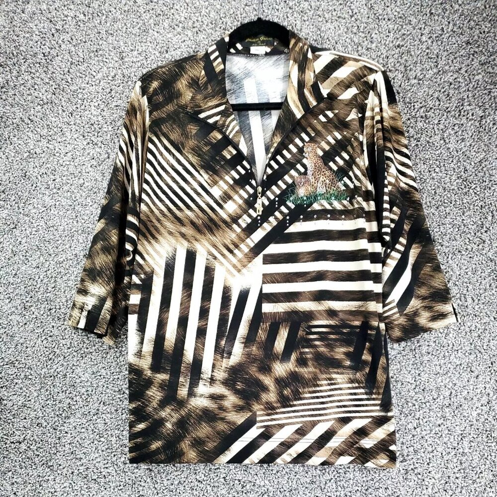 Jackets Galore by John Farah Animal Print Brown 1/4 Zip Pull Over Women's Size L